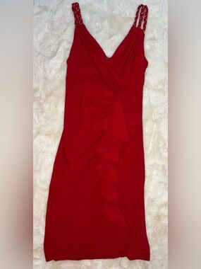 Cache Y2K Red Ruffle Cocktail Dress with Sparkly Braided Crystal Beaded Straps